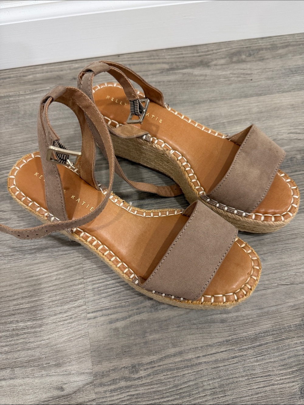 Kelly and Katie Taupe Suede Espadrille Wedge Sandals